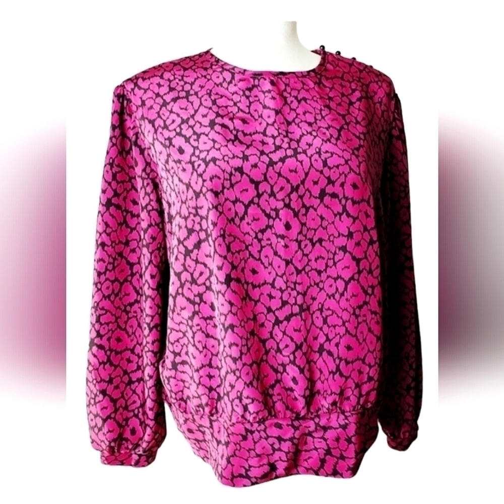 Vintage Tan Jay Long Sleeve Blouse Magenta Leppard Print 20w Shirt 1x